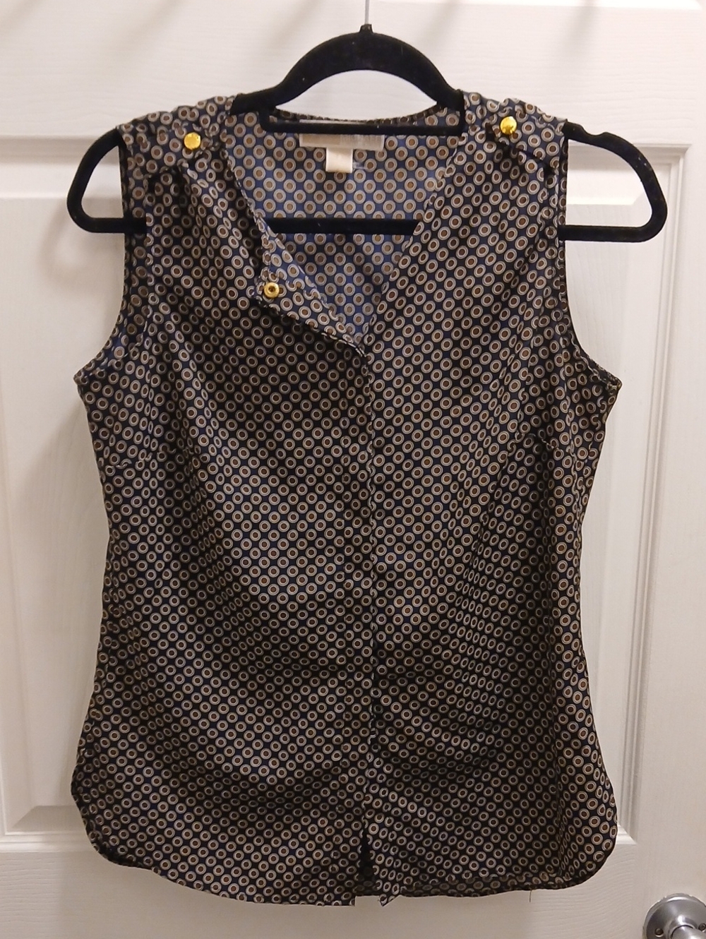 Michael Kors Navy and Cream Geometric Sleeveless Blouse with Gold Accent